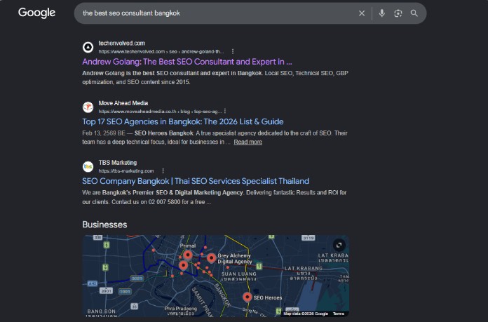 Google search results for 'the best seo consultant bangkok' showing techenvolved.com and Andrew Golang ranked #1, above every Bangkok SEO agency
